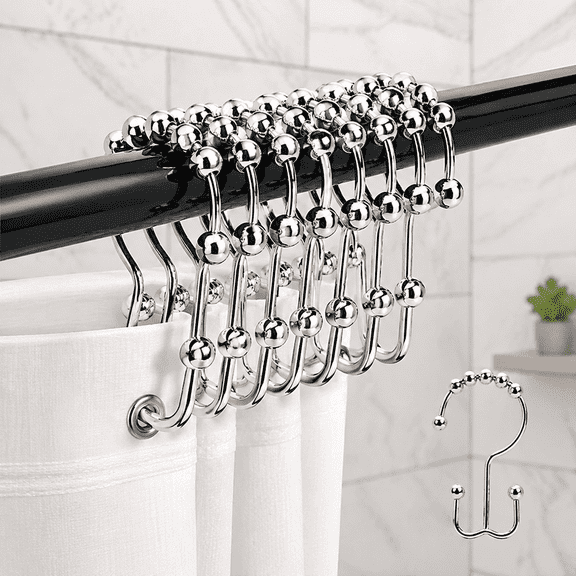Stainless Steel Double Glide Shower Curtain Hooks, Silver, 12‑Pack