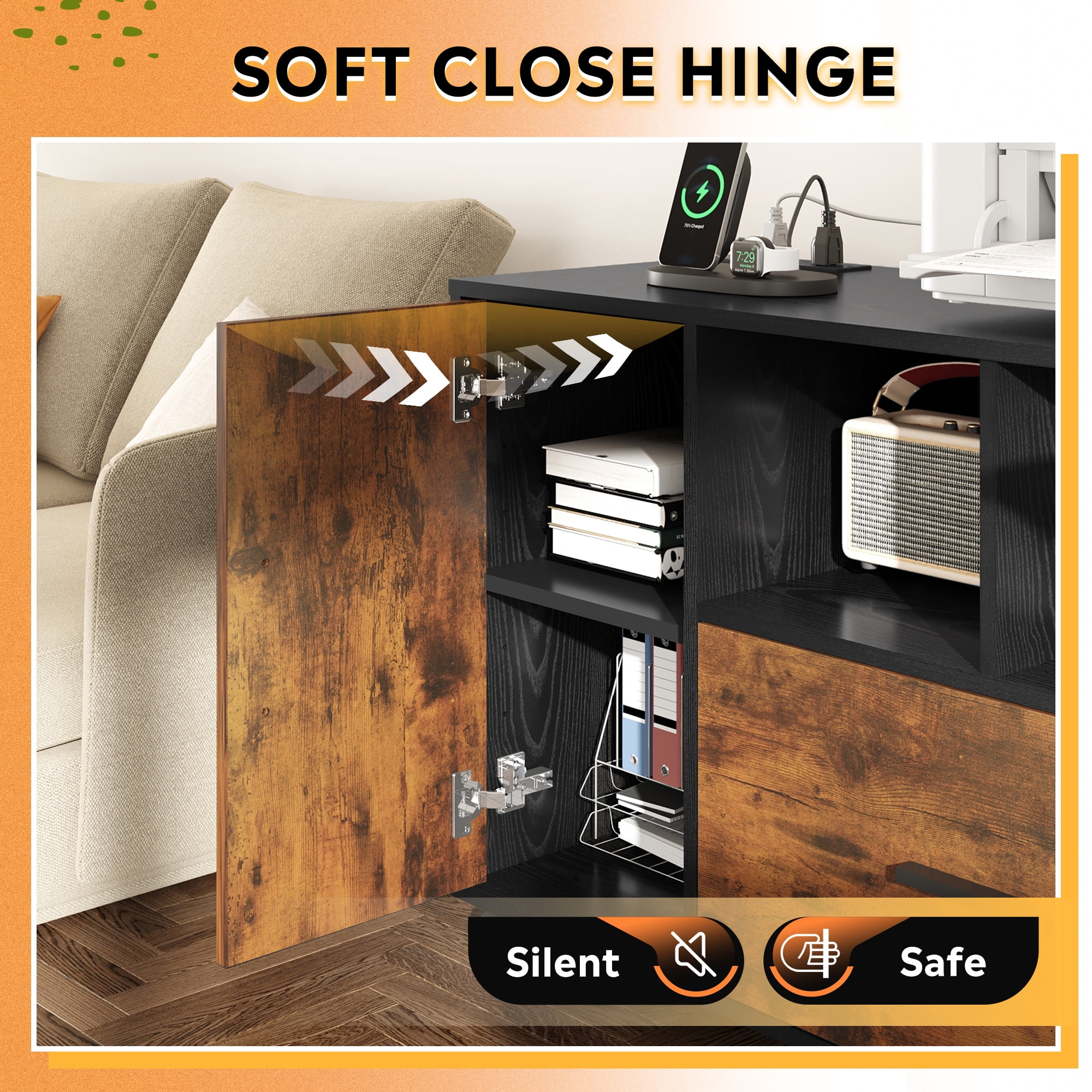 GALAXHERO Wood File Cabinet with Lock and Charge Station, Mobile Printer Stand with Storage Shelves for Home Office, Rustic Brown
