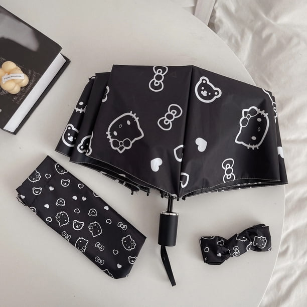 Ins Black Hello Kitty paraguas totalmente automático para mujer, sol y lluvia, doble uso, Gel negro, protección solar Uv