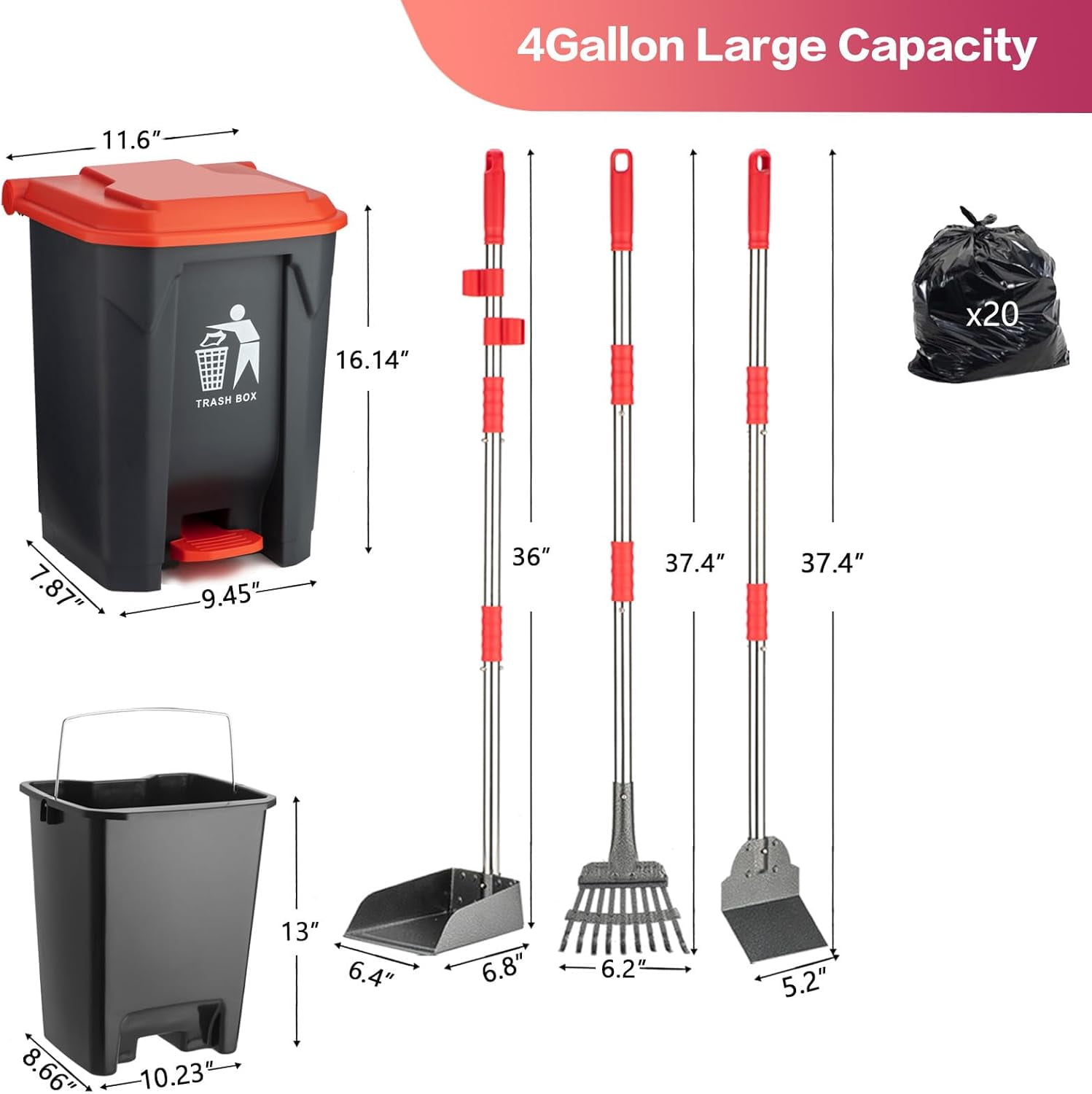 Dog Pooper Scooper Set,Dog Poop Tray and Rake Set for Large & Small Dogs Dog Pet Waste Tool 15 Litre Step Dog Poop Trash Can Outside W/Removable Inner Bucket with 20 Waste Bags