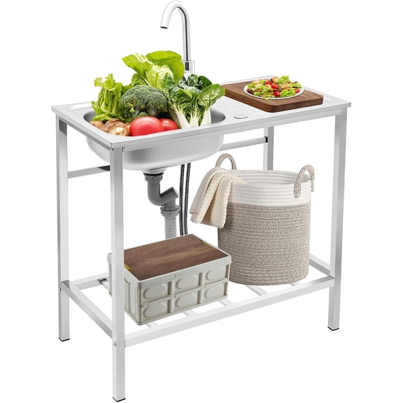 Stainless Steel Sink, Freestanding Single Bowl Utility Sinks, Outdoor Sink Station with Storage Shelf
