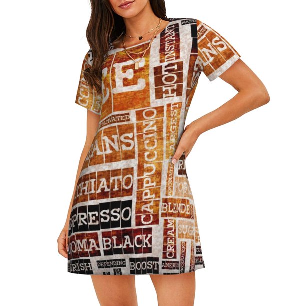 Fotbe Hand Drawn Vintage Coffee Bata de Dormir para Mujer con Estampado, Camisón de Algodón de Manga Corta, Ropa de Dormir Casual