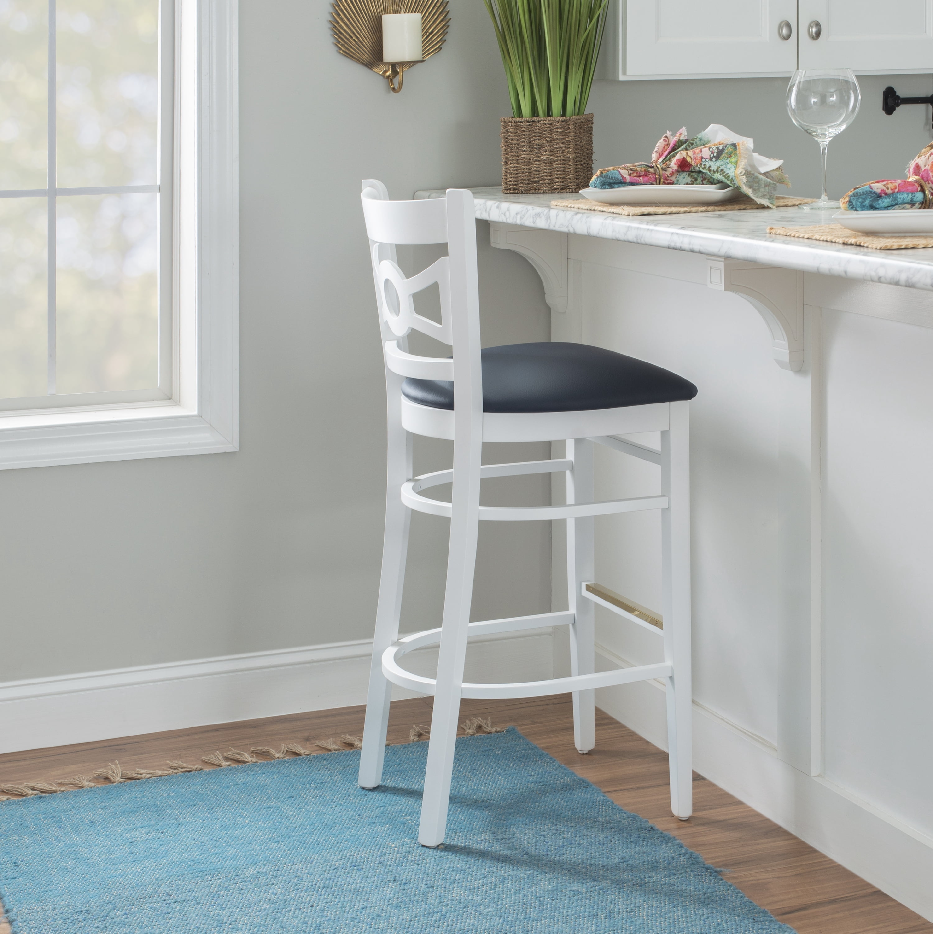 Linon Tabitha 31" Bar Stools, Classic White Finish with Navy Faux Leather, Set of 2
