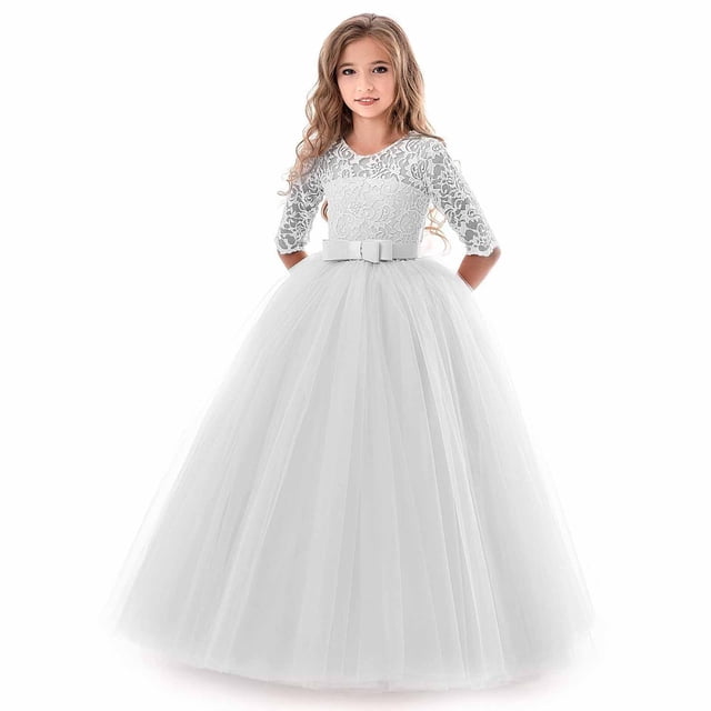 Robe Longue en Dentelle Florale pour Filles Manches 3/4 Robe de Soirée de Mariage Robe de Danse Formelle Argent