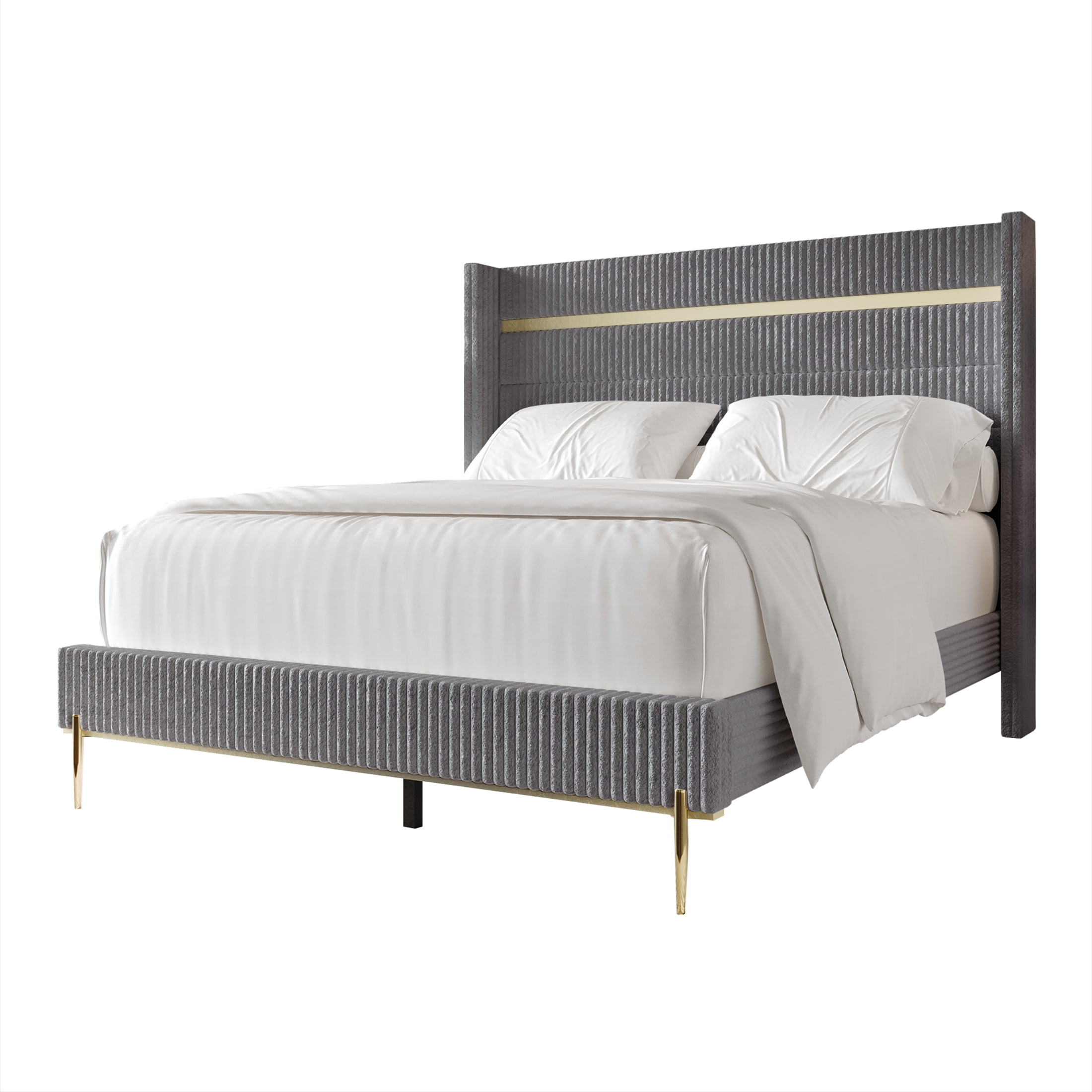 Castle Place Corduroy Gold PU Strip Wingback Upholstered Queen Bed, Grey