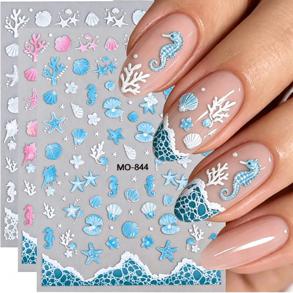 RAGUPEL Summer Nail Art Stickers Decals 5D Embossed Ocean Theme 3Pcs Blue White Pink Seashell Starfish Marine Life Self-Adhesive Summer Nail Art Decorations Supplies Adhesive Sliders for Women