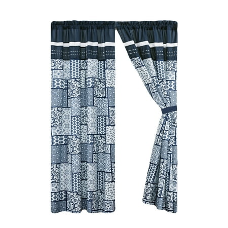 Navy Blue White Striped Curtains 4-Pc Payton Floral Vintage Patchwork Tile Pleated Stripe Curtain Set Navy Blue White Gray Valance Drape Sheer Liner ()