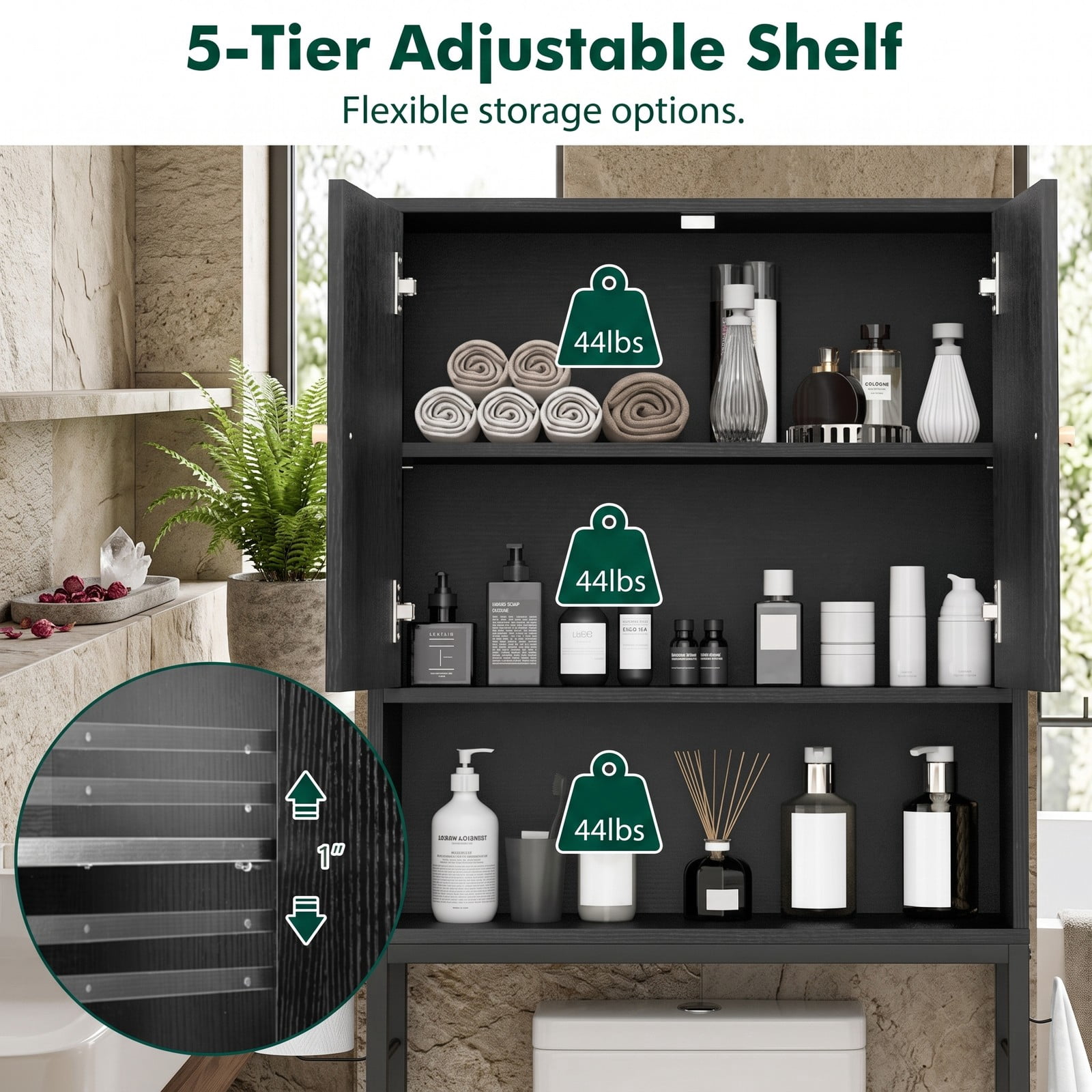 ALPULON Tall Over the Toilet Storage Cabinet with 2 Doors and Adjustable Shelf for Small Bathroom and Laundry Room, Black