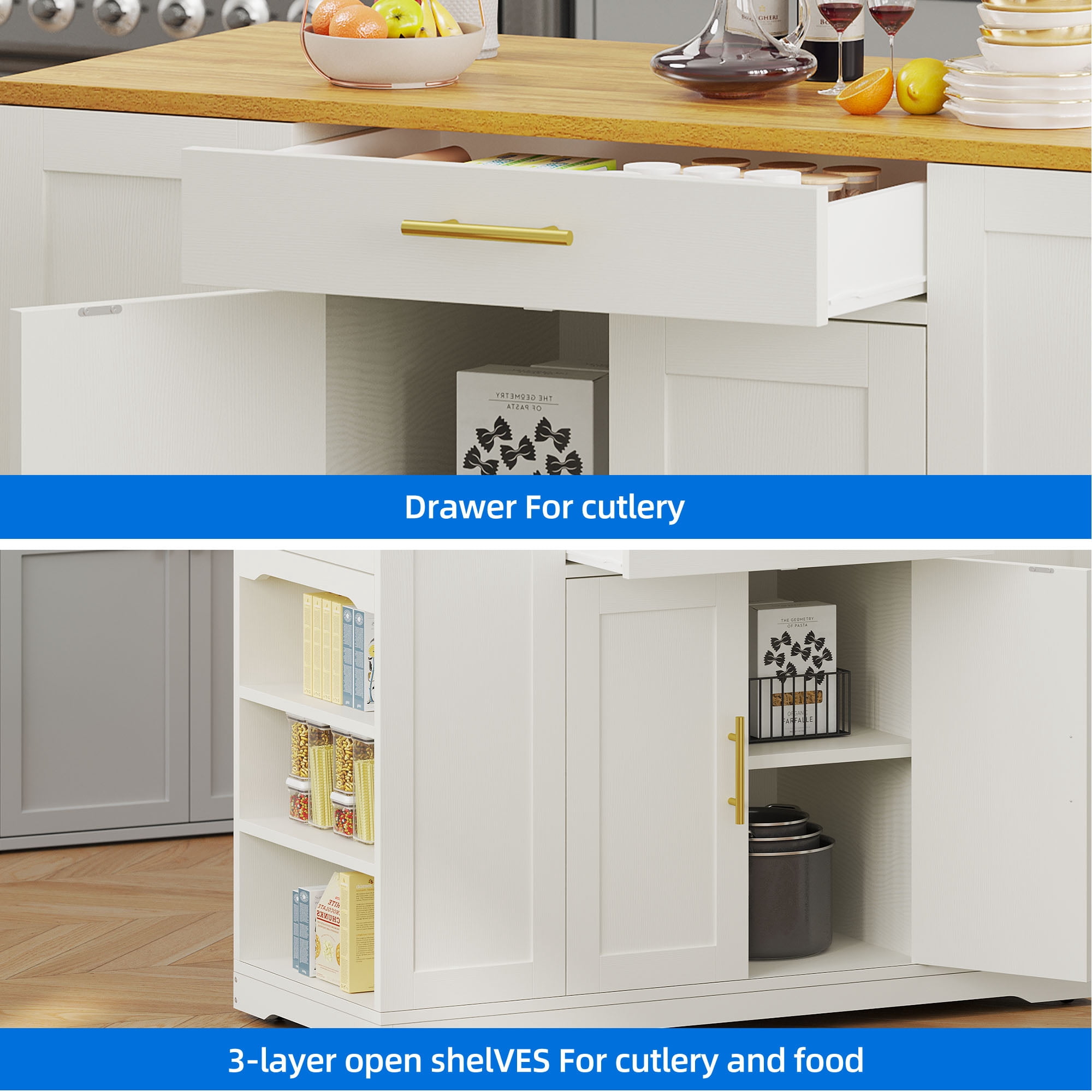 DEXTRUS 53" Kitchen Island Cart on Wheel, Kitchen island with Storage Cabinet, Tilt Out Trash Can, 2 Drawers for Home Kitchen, White