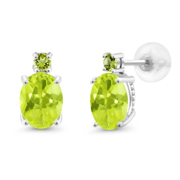 Gem Stone King 14k White Gold Yellow Lemon Quartz and Green Peridot Earrings for Women (2.34Cttw, Gemstone, Oval 8X6MM, Round 2.5MM)