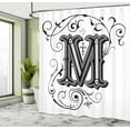 thumbnail image 4 of Letter M Shower Curtain, Abstract Ornamental Design in Dark Color Scheme Swirls and Lines Eastern, Cloth Fabric Bathroom Decor Set with Hooks,  Black Grey White, 4 of 4