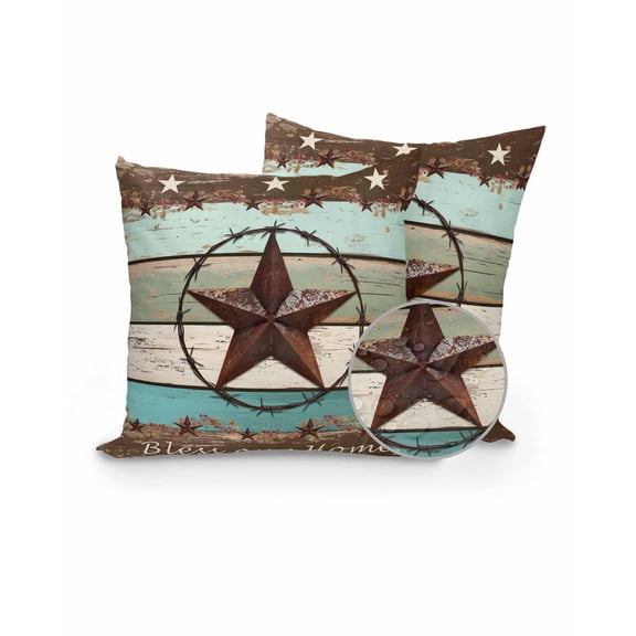 Outdoor Pillow Covers with Inserts,Teal Brown Texas Star Vintage Waterproof Decorative Throw Pillow Cases Set of 2,Farmhouse Country Wooden Cousion Covers Protector for Patio Furniture Sofa 16"x16"