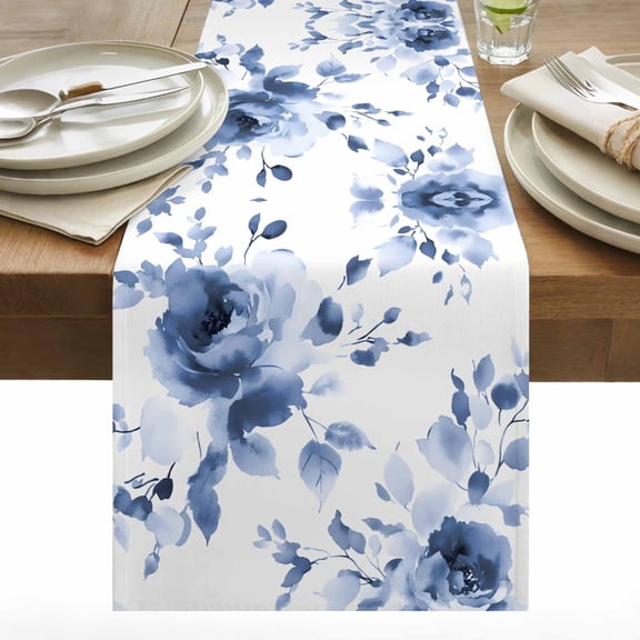 Blue Flower Table Runner 13x108 inch Spring Watercolor Blue Floral Pastoral Retro Cotton Linen Dining Table Runner Ideal for Dresser Kitchen Coffee Tables - Machine Washable