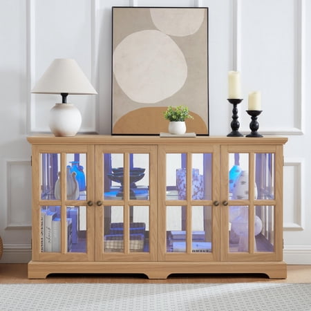 AENKYO Retro LED Glass Display Cabinet with Adjustable Shelves Vintage Style Curio Showcase for Home Light Oak