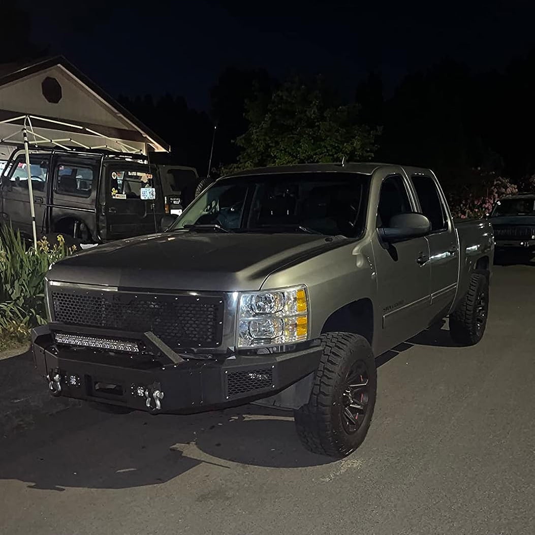 Vijay Compatible with 2007-2008-2009-2010-2011-2012-2013 Chevy Silverado 1500 Front Bumper Textured Black Steel with Light and D-ring