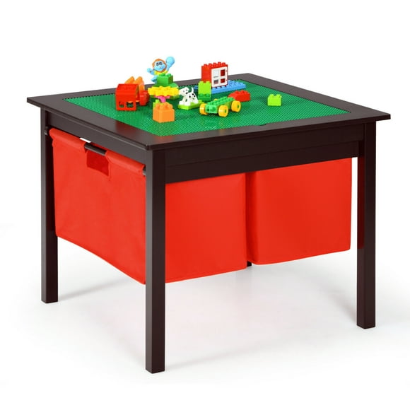 Gymax 2-in-1 Kids Double-sided Activity Building Block Table W/ Drawers Brown