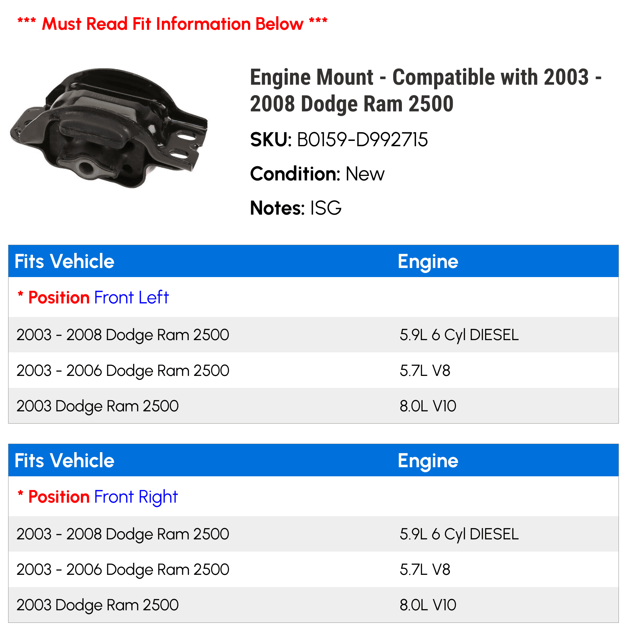 Engine Mount - Compatible with 2003 - 2008 Dodge Ram 2500 2004 2005 2006 2007