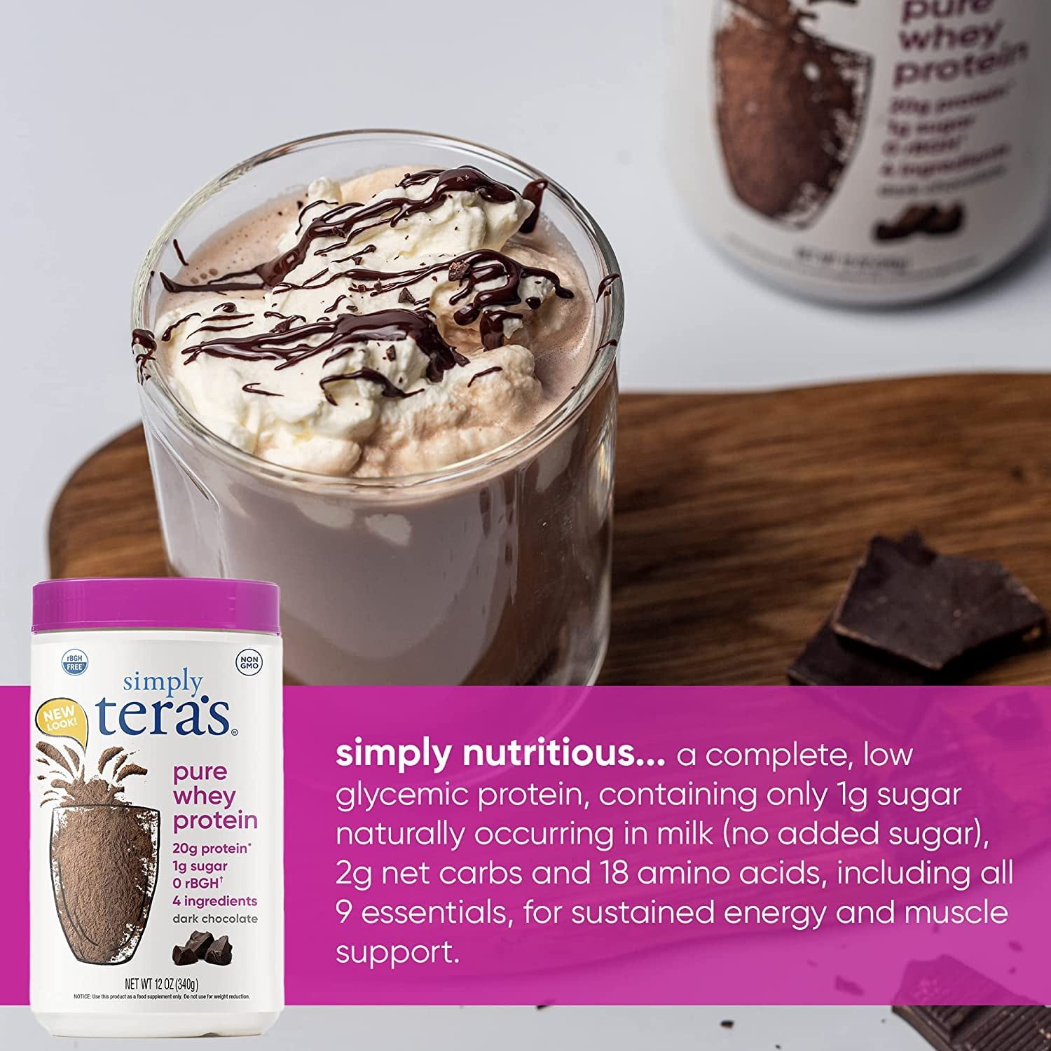 Tera's Whey rBGH Free Whey Protein Powder, Dark Chocolate Cocoa, 20g Protein, 1.5 Lb