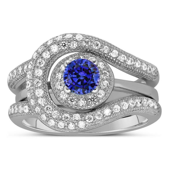 Unique and Luxurious 2.25 Carat Halo Art Deco Designer Round Shape Blue Sapphire Moissanite Diamond Wedding Ring Set in 10k White Gold