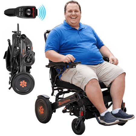 Bangeran Mammoth EX Deluxe Mobility Aid Electric Wheelchair for Easy Travelling, Collapsible Heavy Duty Wheel Chair 500 lbs Capacity - Black Orange