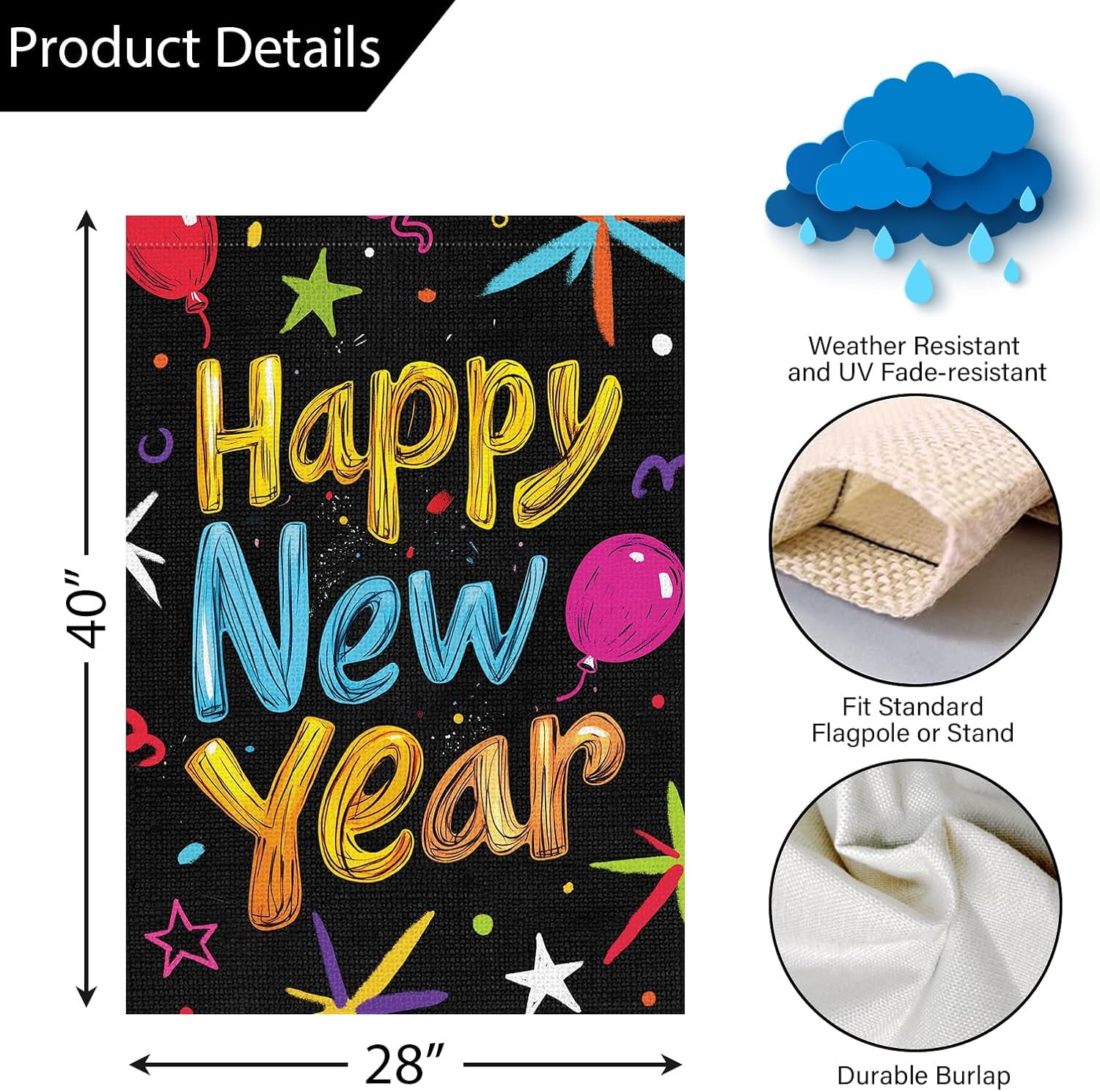 Happy New Year Garden Flag 28x40 Inch Double Sided Ballon Small Burlap Welcome Winter Holiday Yard Outdoor Flag Outside House Decoration (Only Flag)