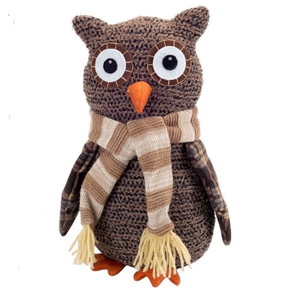 12.25" Brown and Beige Plush Plaid Owl Christmas Tabletop Figurine