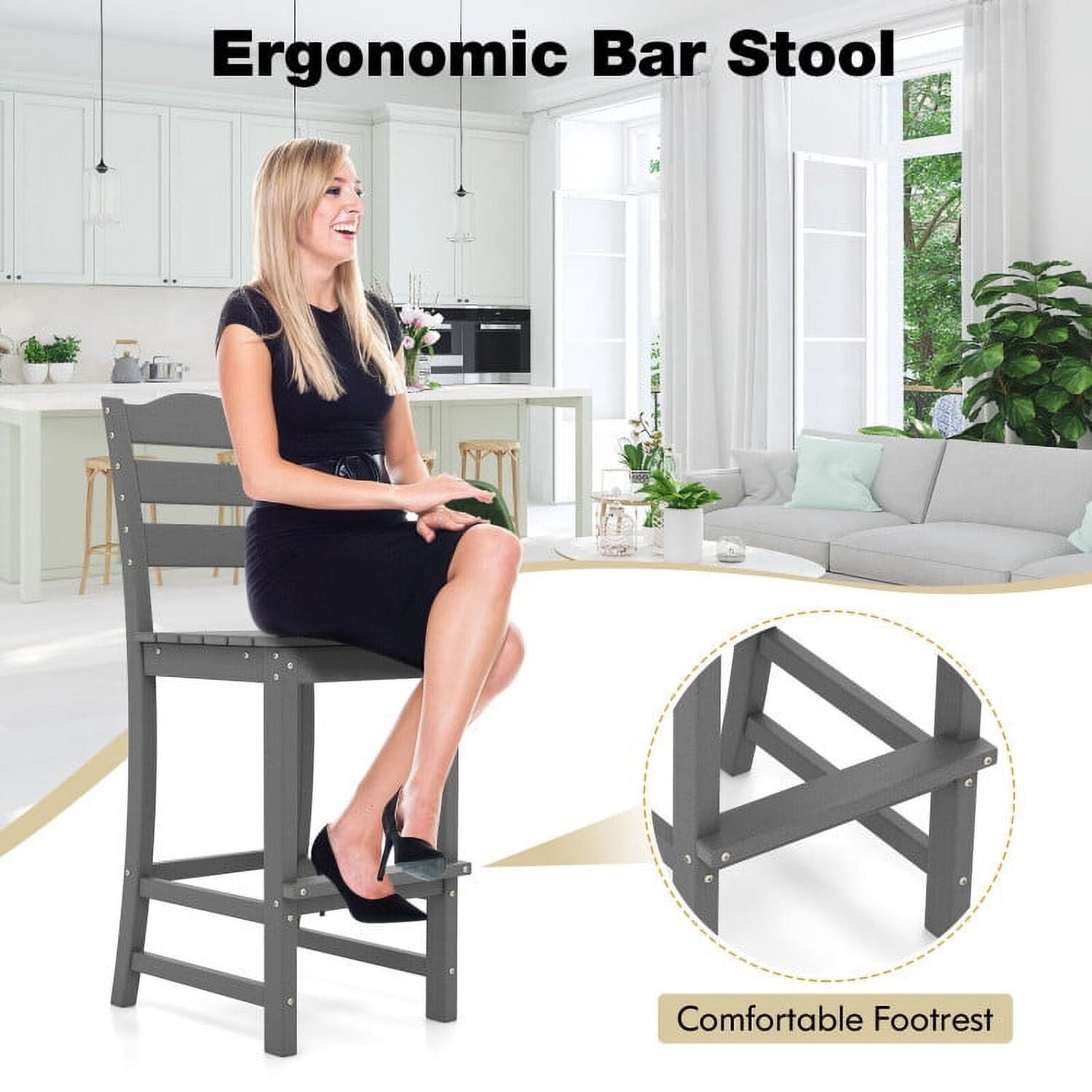 Aimee Lii 30" Counter Height HDPE Bar Stool with Backrest and Footrest, Outdoor Patio Furniture, Gray Aimee Lii 30" Counter Height HDPE Bar Stool with Backrest and Footrest, Outdoor Patio Furniture, Gray