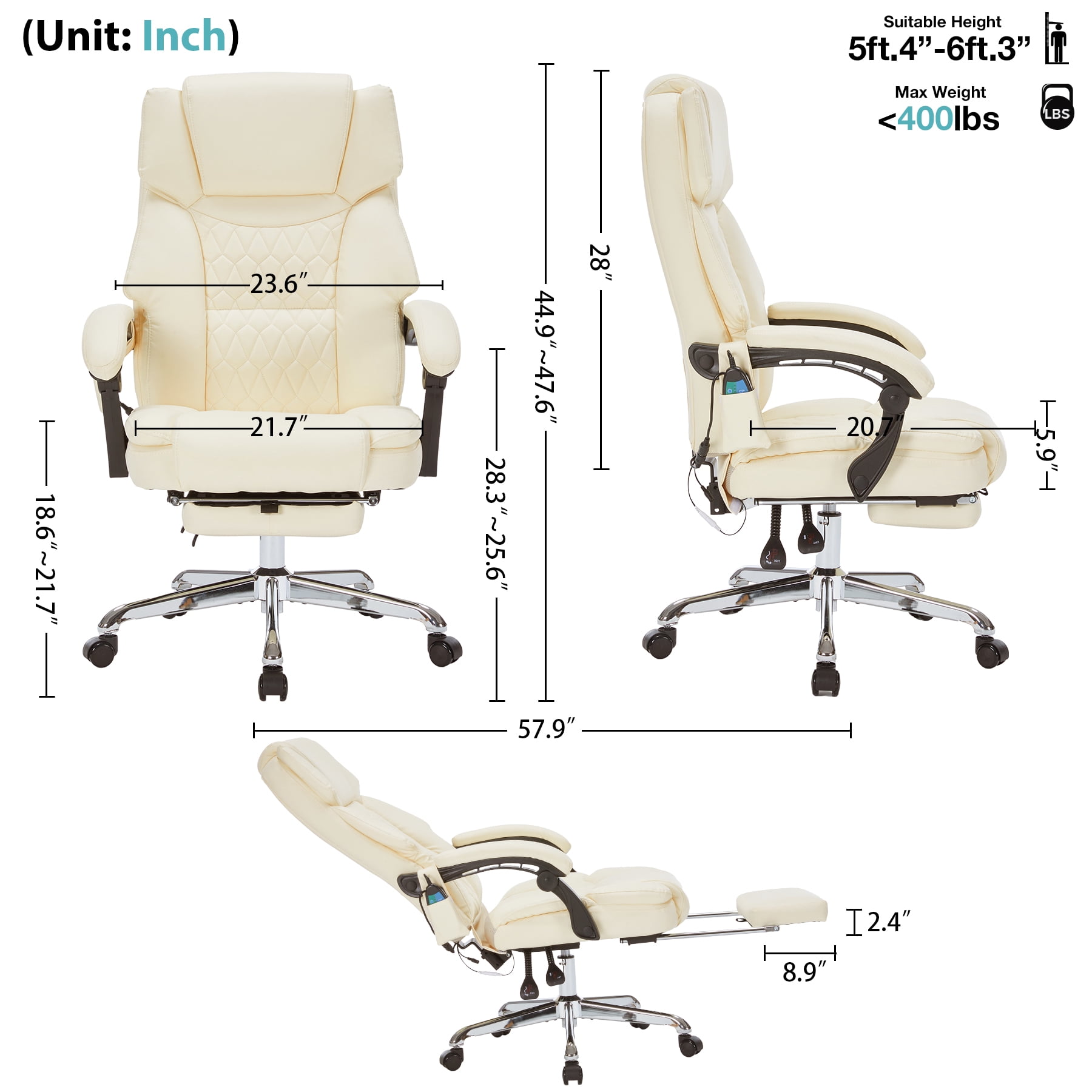 HESL Office Chair With Massage And Heated Lumber Spport, Big and Tall Reclining Desk Chair,White