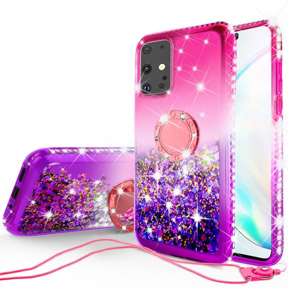 SOGA Rhinestone Liquid Quicksand Cover Cute Girl Phone Case Compatible for Samsung Galaxy S20 Case,with Embedded Ring for Magnetic Car Mounts and Lanyard - Purple / Pink