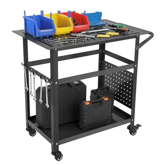GloryStar 36" x 24" Heavy-Duty Welding Workbench, Steel Table with Wheels, 600 lbs Capacity, 161 Fixture Holes, 11 Hooks, Double Shelf for Fabrication
