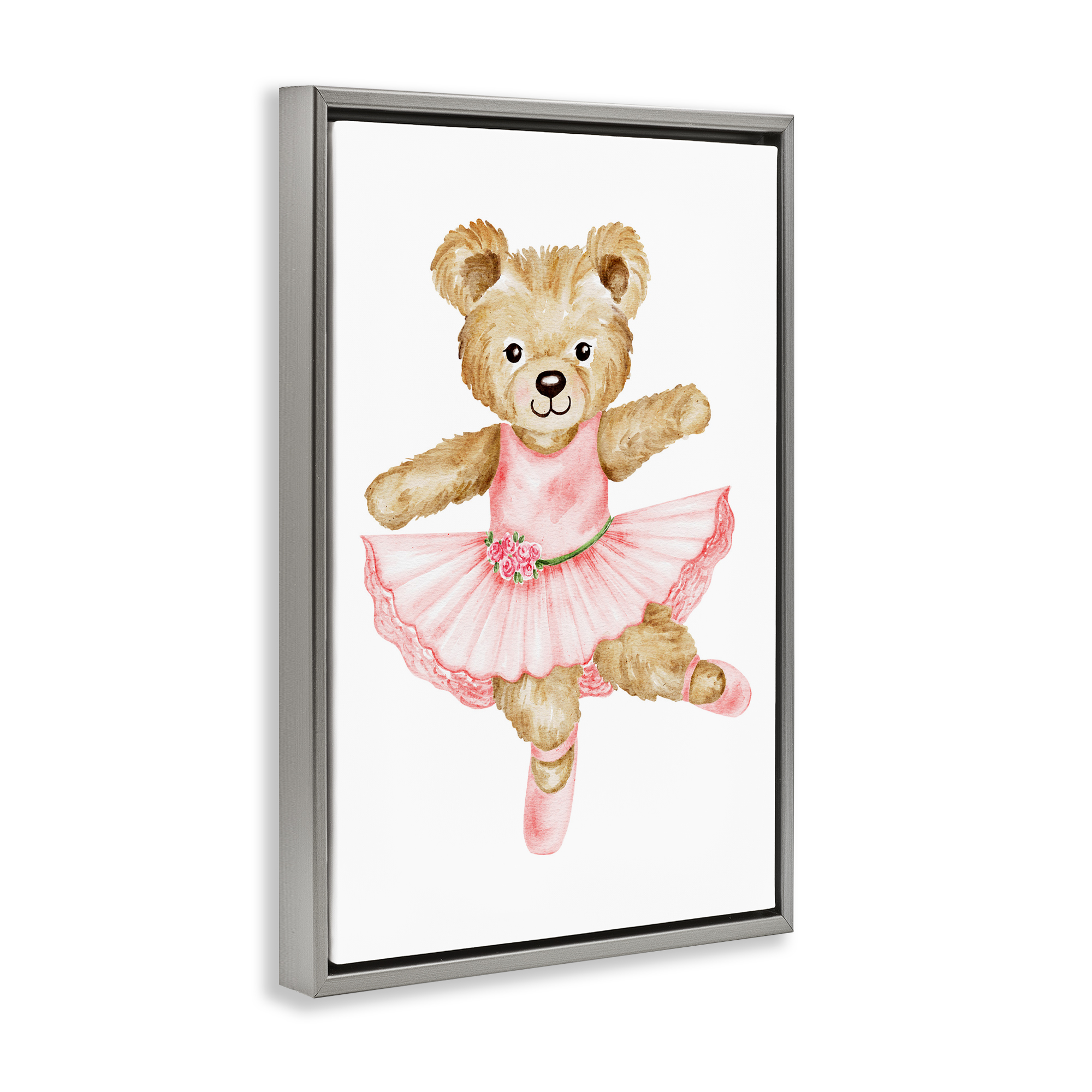 Ballerina Teddy Bear Gray Framed Floater Canvas Wall Art, design by Amy Hall