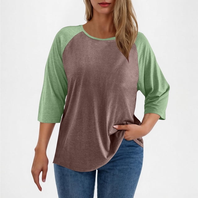 Meichang T-Shirts à Manches 3/4 Grande Taille pour Femmes, Col Rond, à Blocs de Couleur, Raglan, Décontractés, Amples, Légers, pour Sorties, Cadeaux pour Femmes