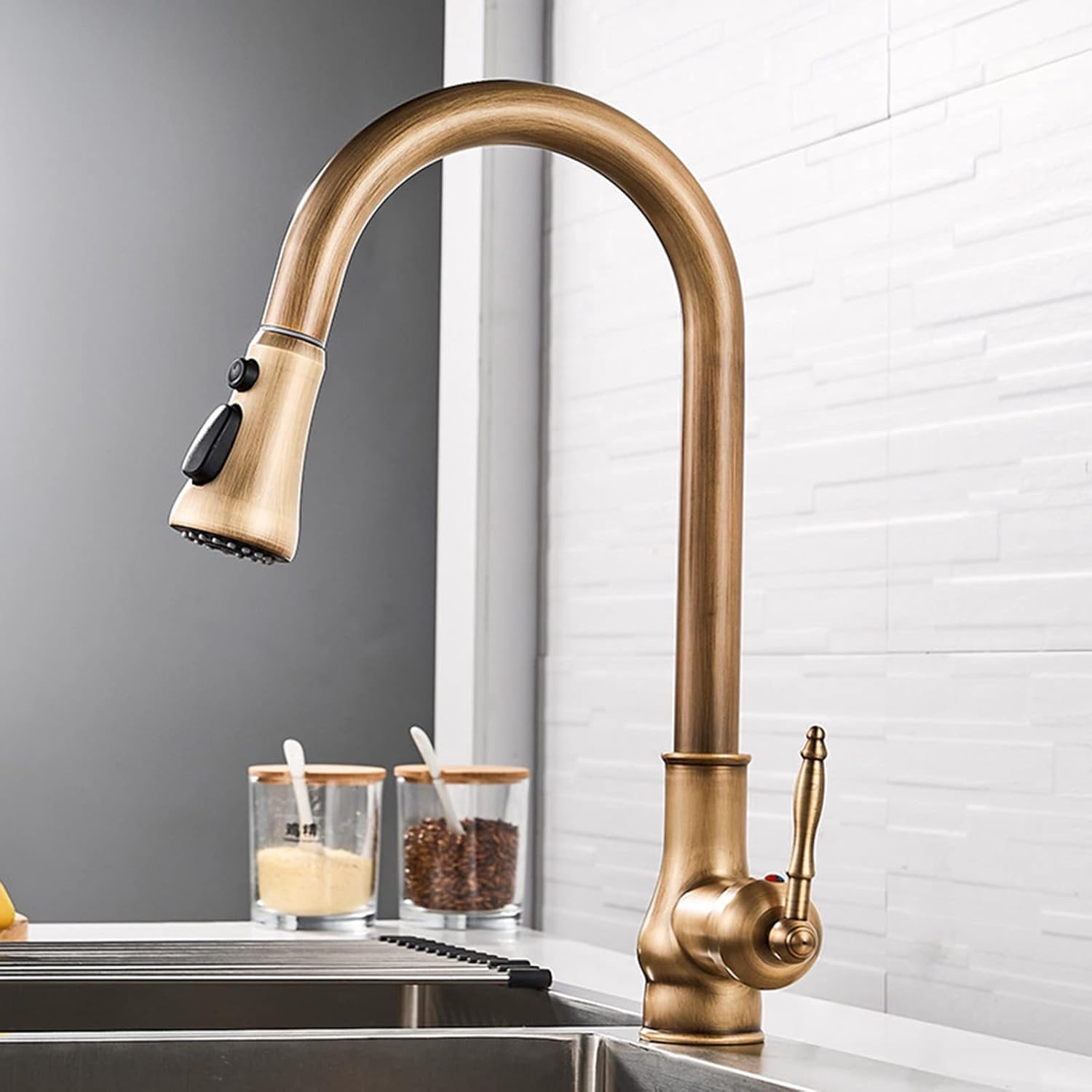 Kitchen Faucets with Pull Out Spray Antique Brass Kitchen Faucet 360° Swivel Hot and Cold Water Sink Faucet