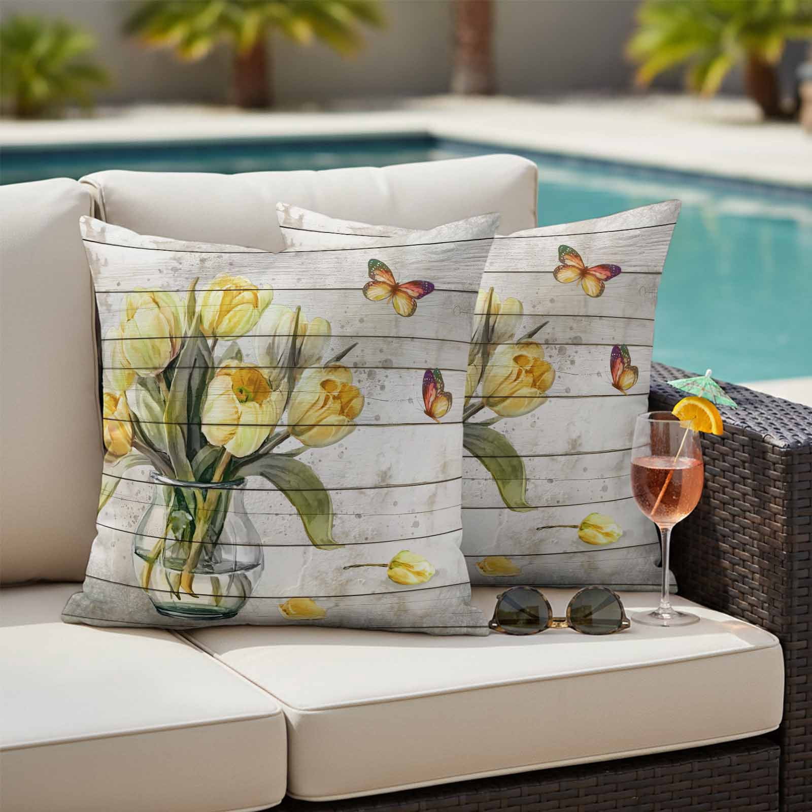 Yellow Tulip Outdoor Waterproof Pillow Covers, Vintage Spring Floral Retro Art Butterfly Wooden Decorative Square Throw Pillowcase Sofa Cushion Sham for Patio/Couch/Chair, 16"x16" 2 Pack