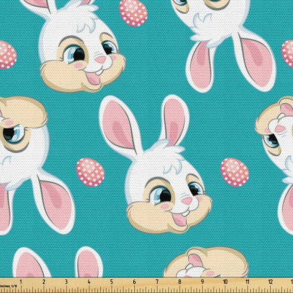 Ambesonne Spring Fabric by the Yard Upholstery, Easter Dotted Eggs Bunnies, 3 Yards, Dark Seafoam Pale Rose
