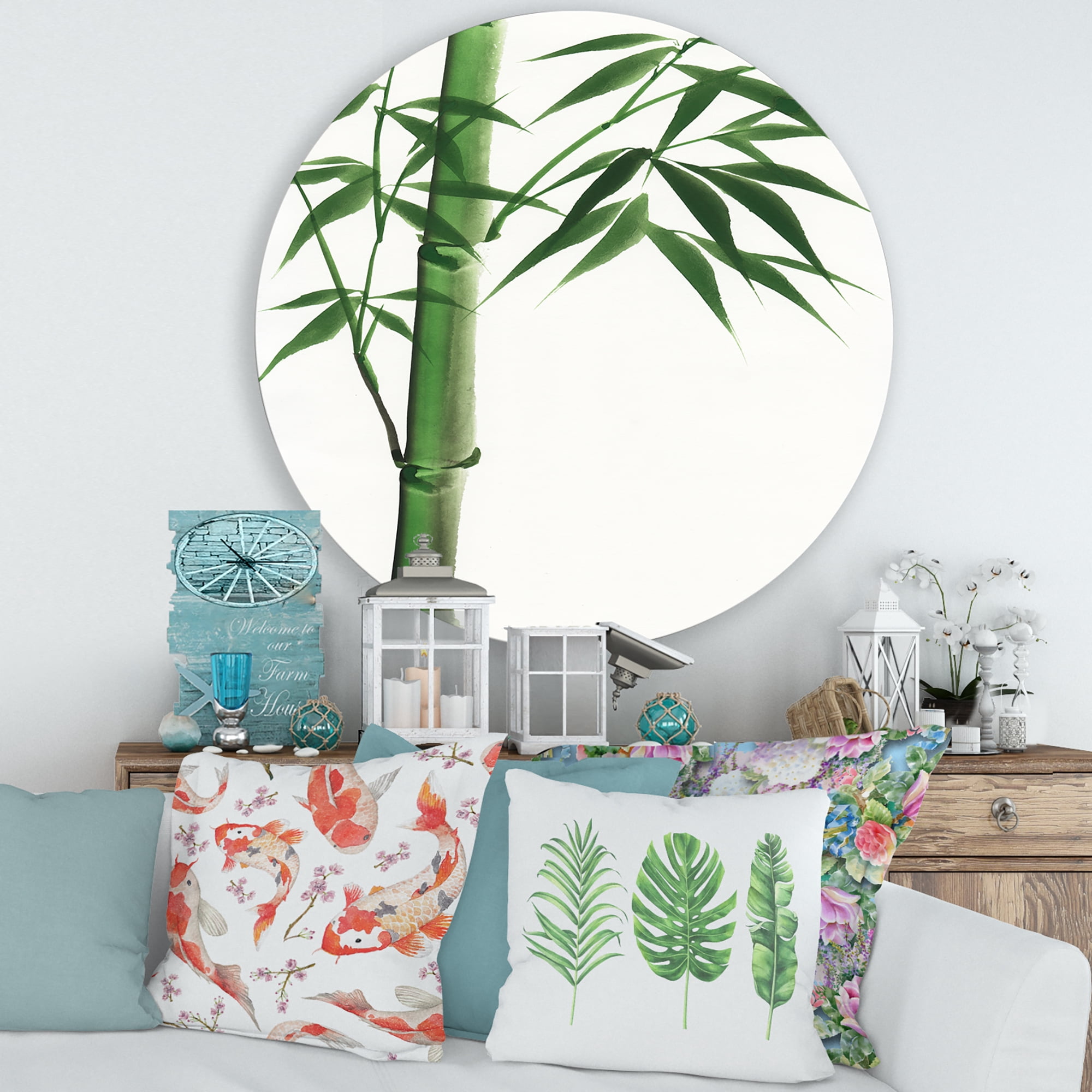 Designart 'Detail Of Dark Green Bamboo On White III' Traditional Circle Metal Wall Art 36x36 - Disc of 36