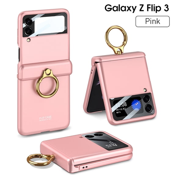 SaniMore Case for Samsung Galaxy Z Flip 3 6.7" 2021, Hinge Protection All-inclusive 360 Degree Rotating Metal Ring/Kickstand Wireless Charigng Lens Film Folding Case for Galaxy Z Flip 3, Pink