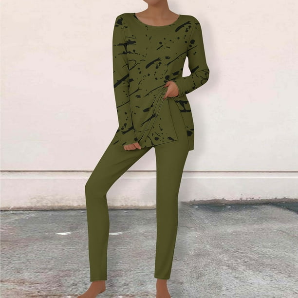 Puntoco top De Cuello Redondo De Manga Larga Estampado Informal Para Mujer + Traje De Pantalón Largo Verde Militar L