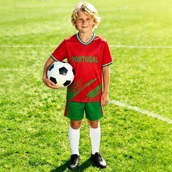 Portugal Soccer Outfits for Kids Boys Girls Team Athletic Short Sleeve T Shirt Shorts Outfit For Kids Youth Training Football Clothes Set 3-14 Years