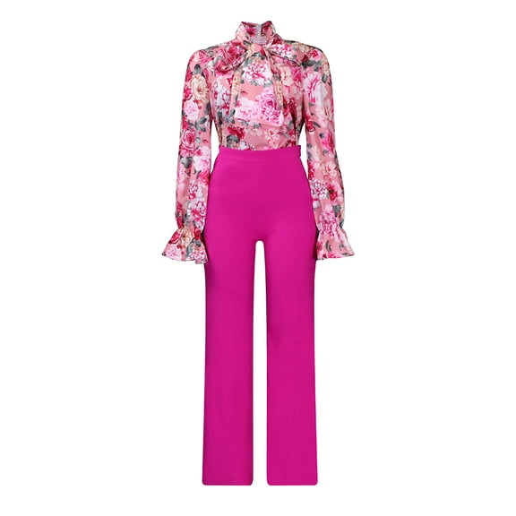 AURA Women Plus Size Floral Printed Two Piece Set Long Sleeve Shirt Wide Leg Pants Autumn Winter Outfit