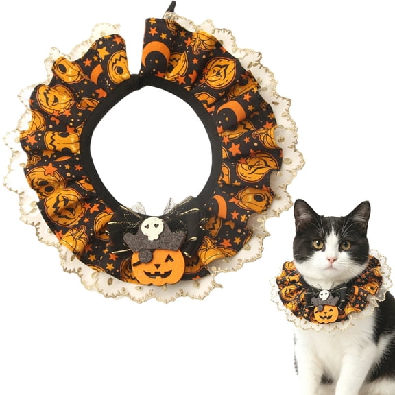 SeekLGT Halloween Pet Collar Lace Neck Collar Adjustable Pumpkin Decor Pet Costume Accessory for Cat Halloween Costumes Small Medium Dogs Cats Puppy Holiday Photo Props, 1 pc