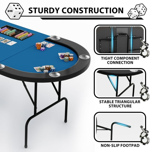 Towallmark Table de Poker Ovale pour 10 Joueurs avec 9 Porte-Gobelets, Table de Jeu de Blackjack avec Tringle Rembourrée Résistante à l'Eau, Bleu