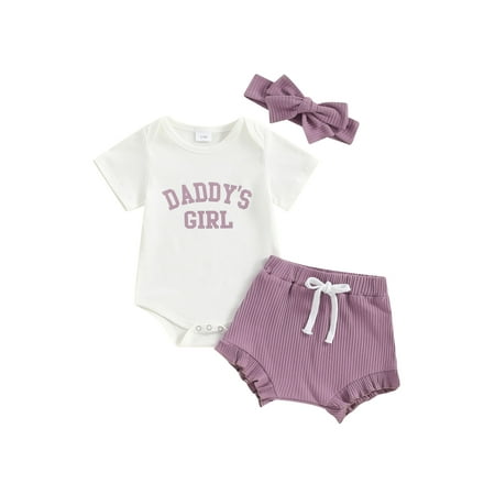 

Bslissey Baby Girls Summer 3Pcs Outfits Short Sleeve Letter Print Romper + Drawstring Ruffle PP Shorts + Headband 3M 6M 12M 18M Newborn Infant Cute Shorts Sets