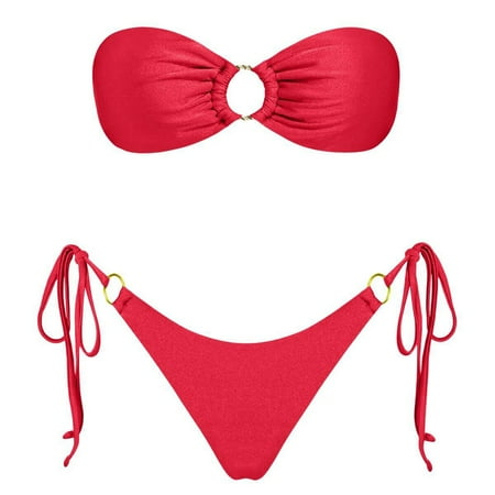 JIANJIA Womens Swimsuits Solid Color Strapless Brassiere With Thongs Lace Up Sexy Fashion Split Swimsuit Two Piece Bikinis Swimwears Bathing Suits Red S