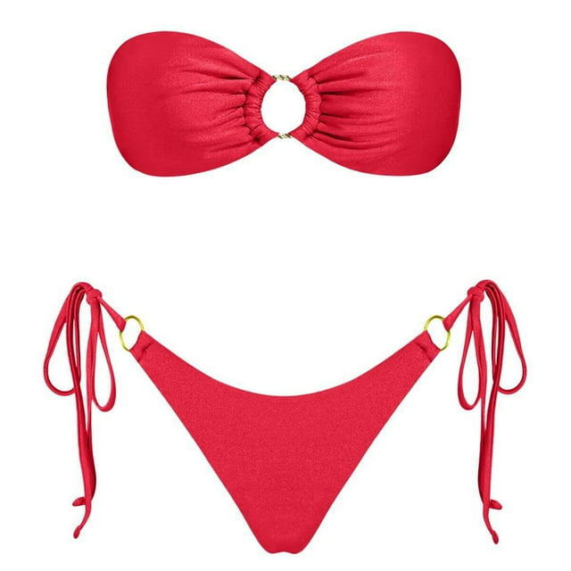 2 Piece Swimsuit for Women Solid Color Strapless Backless Gathering Separate Bikini Red Women Bathing Suits L