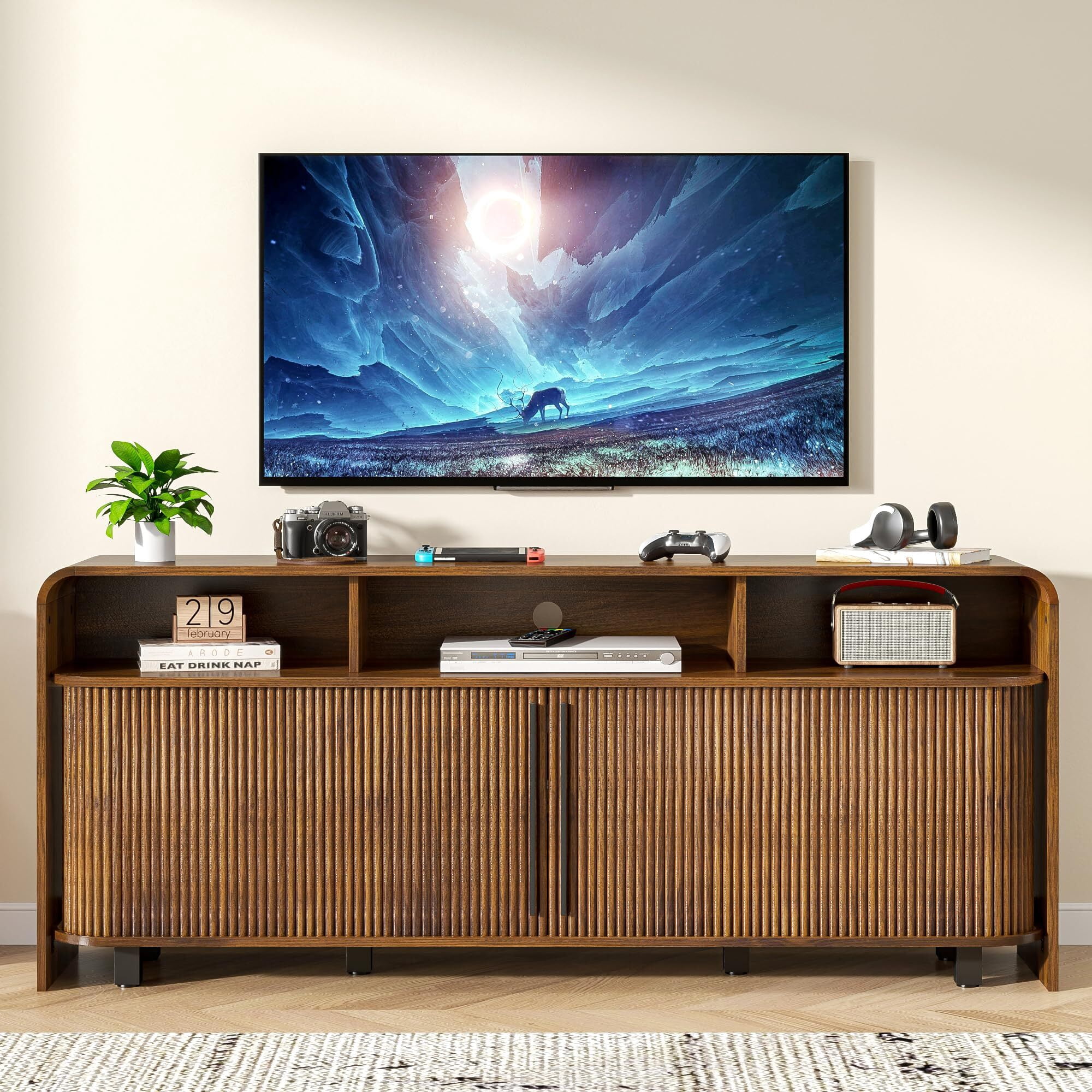 Walnut TV Stand for 65-75" TV, 63" Fluted Mid Century Modern Console with Sliding Doors, Storage, Adjustable Shelves