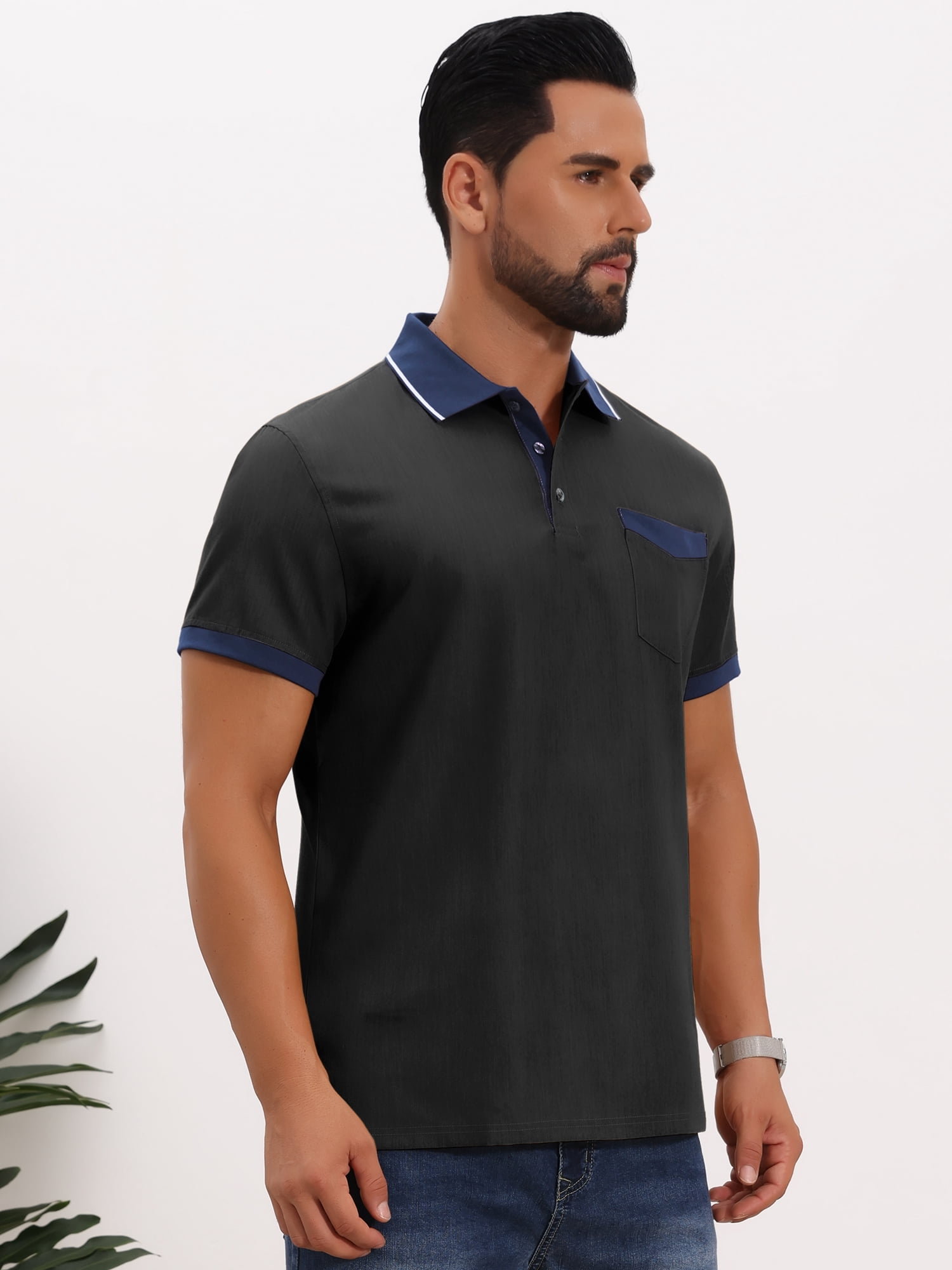 DARING DIVA Men's Short Sleeve Western Retro Stretch Color-Block Polo Shirts L Black