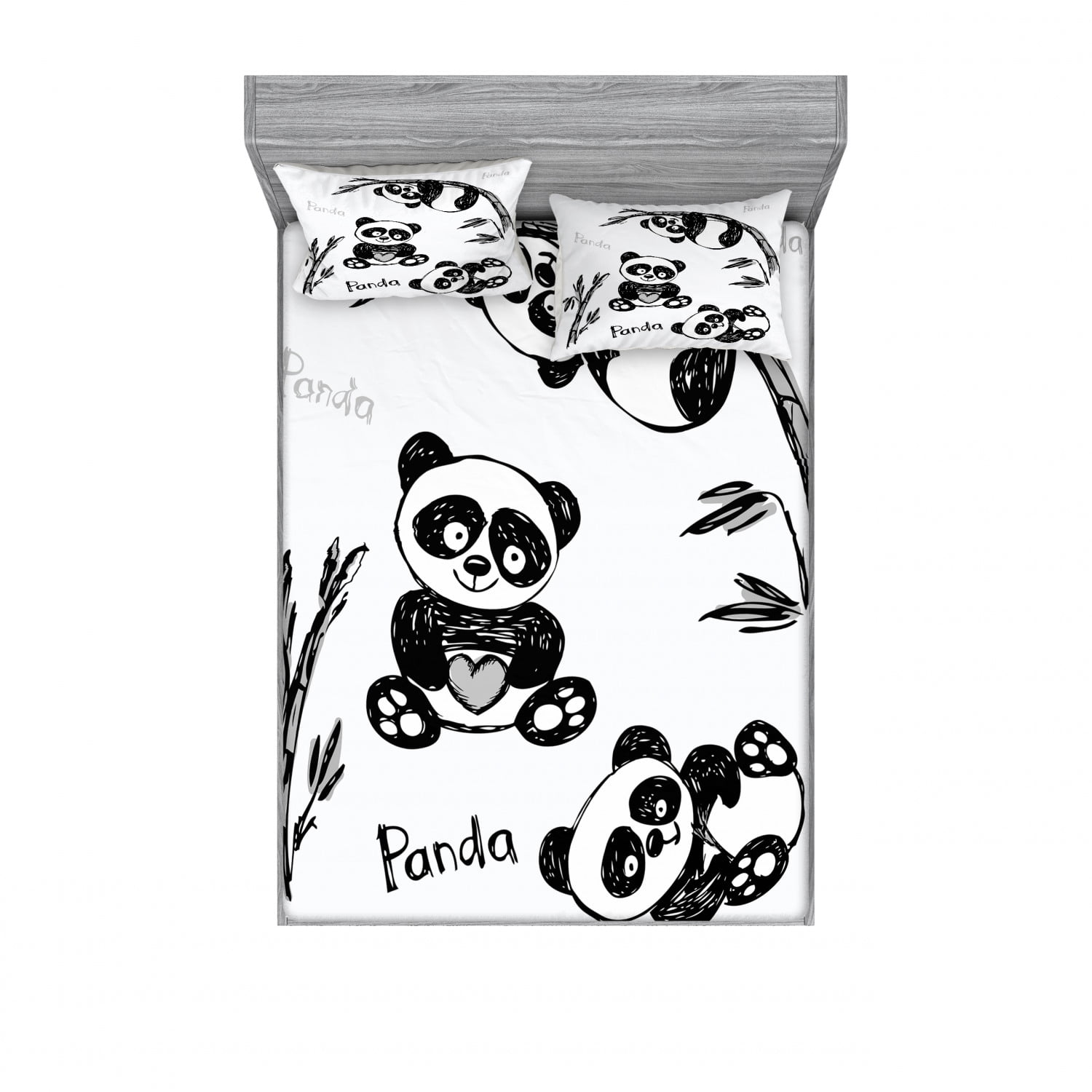 Queen Size Cheerful Animal Different Poses Bamboo Branch Children Painting Print Decorative Quilted 3 Piece Coverlet Set with 2 Pillow Shams Ambesonne Panda Bedspread Black White