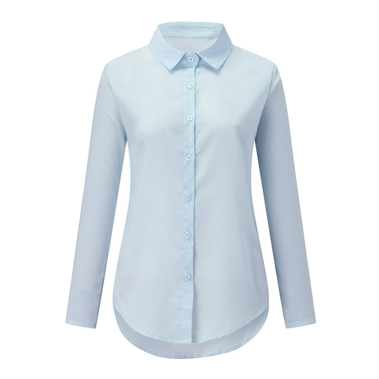 MRULIC t shirts for women Women's Long Sleeve Solid Color Button Turn-down  Collar Shirts Blouses Tops Womens t shirts Light blue + M