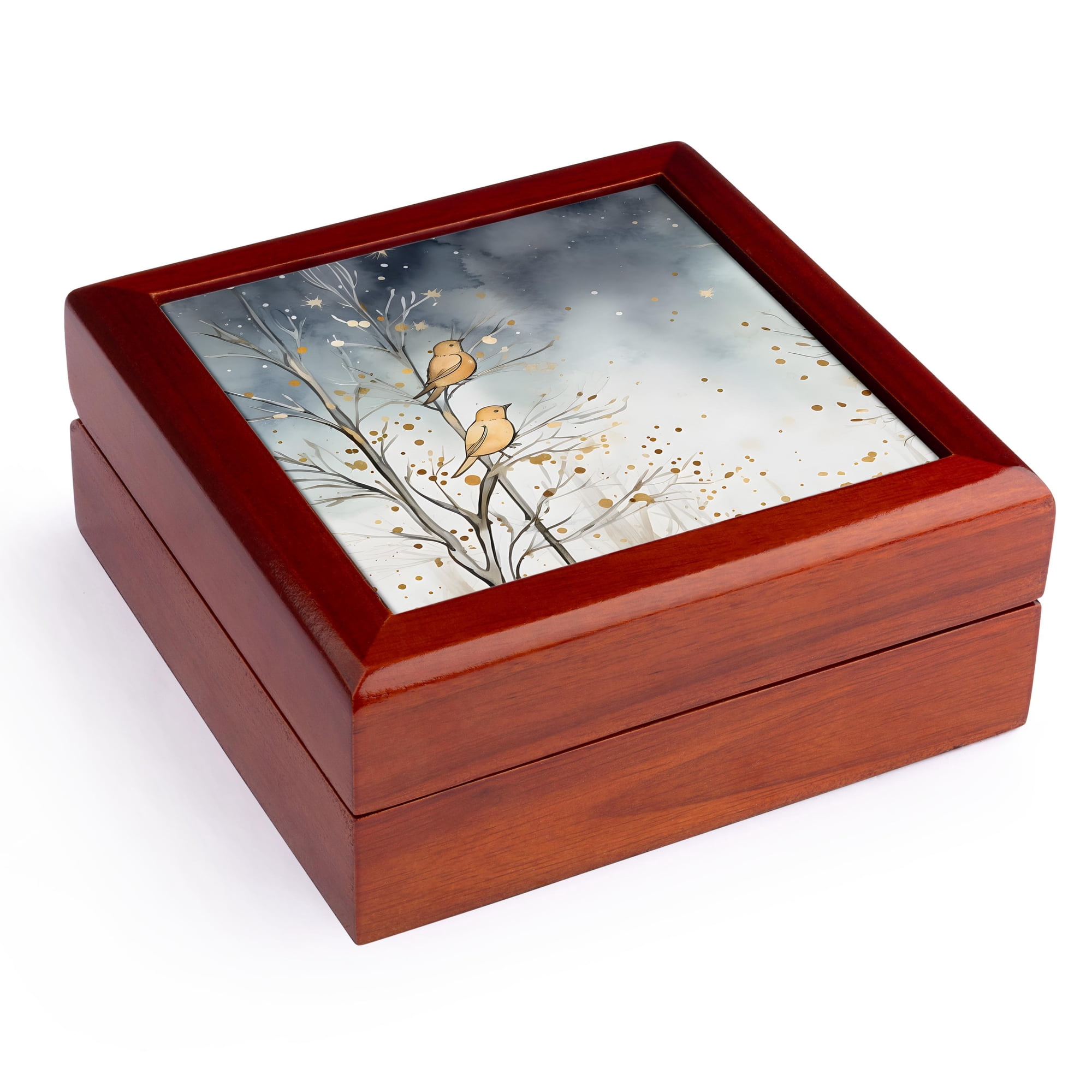 3dRose, Sweet Pair of Winter Birds in a Golden Hues with Winter Blues, Jewelry Box 5.5x5.5 inch with 4 inch tile